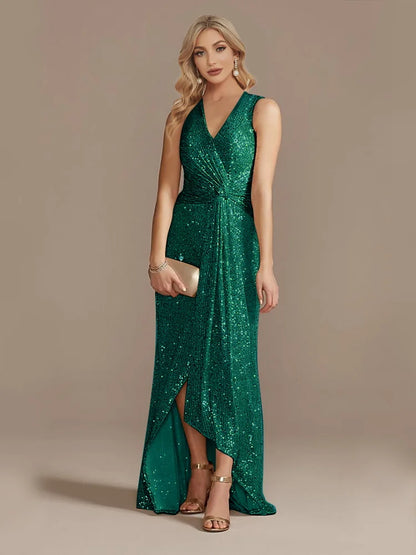 Robe longue luxe femme col V fendue soirée mariage sequins élégante cocktail gala 2024