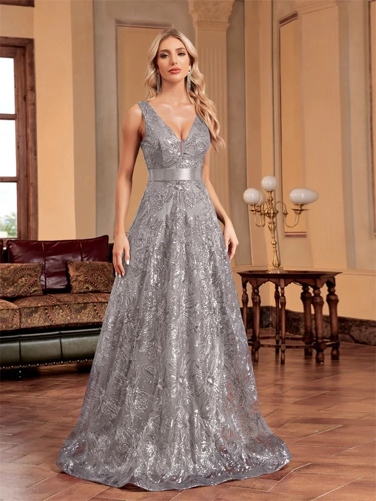 Robe Longue Luxe Femme Bleu Sexy Col V Profond Sequins Dos V Élégante Soirée Mariage Cocktail Gala