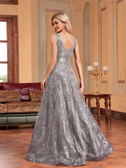 Robe Longue Luxe Femme Bleu Sexy Col V Profond Sequins Dos V Élégante Soirée Mariage Cocktail Gala