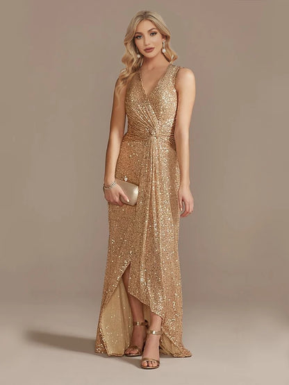 Robe longue luxe femme col V fendue soirée mariage sequins élégante cocktail gala 2024