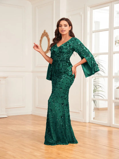 Robe Longue Luxe Champagne Femme 2024 Manches Longues Sirène Sequins Col V Soirée Mariage Gala