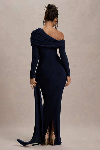 Robe Longue Femme Col Asymétrique Manches Longues Dos Nu Drapée Moulante Élégante Soirée