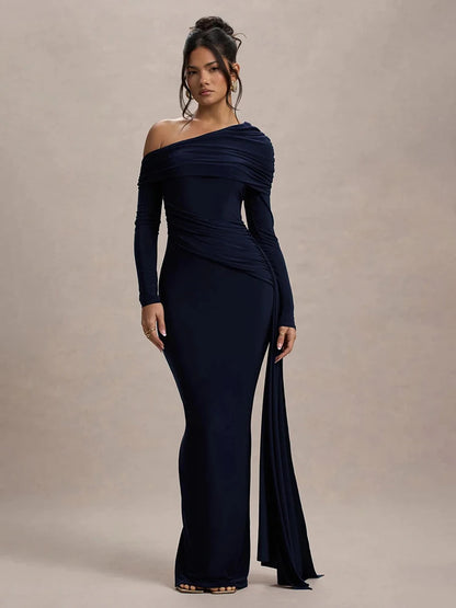 Robe Longue Femme Col Asymétrique Manches Longues Dos Nu Drapée Moulante Élégante Soirée