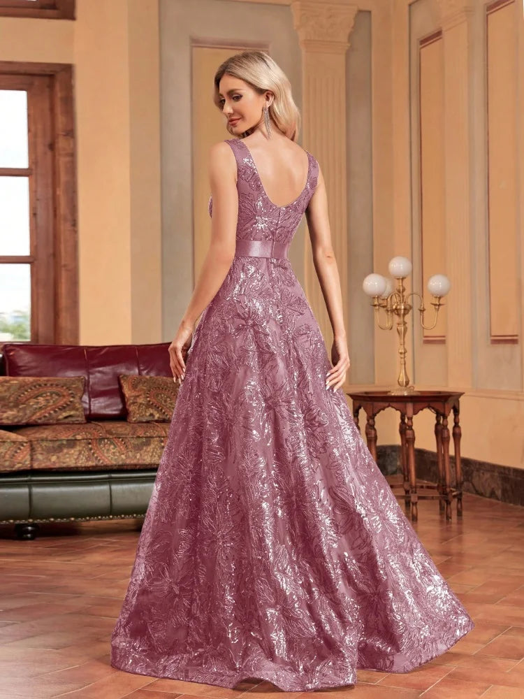 Robe Longue Luxe Femme Bleu Sexy Col V Profond Sequins Dos V Élégante Soirée Mariage Cocktail Gala