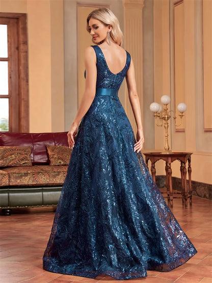 Robe Longue Luxe Femme Bleu Sexy Col V Profond Sequins Dos V Élégante Soirée Mariage Cocktail Gala