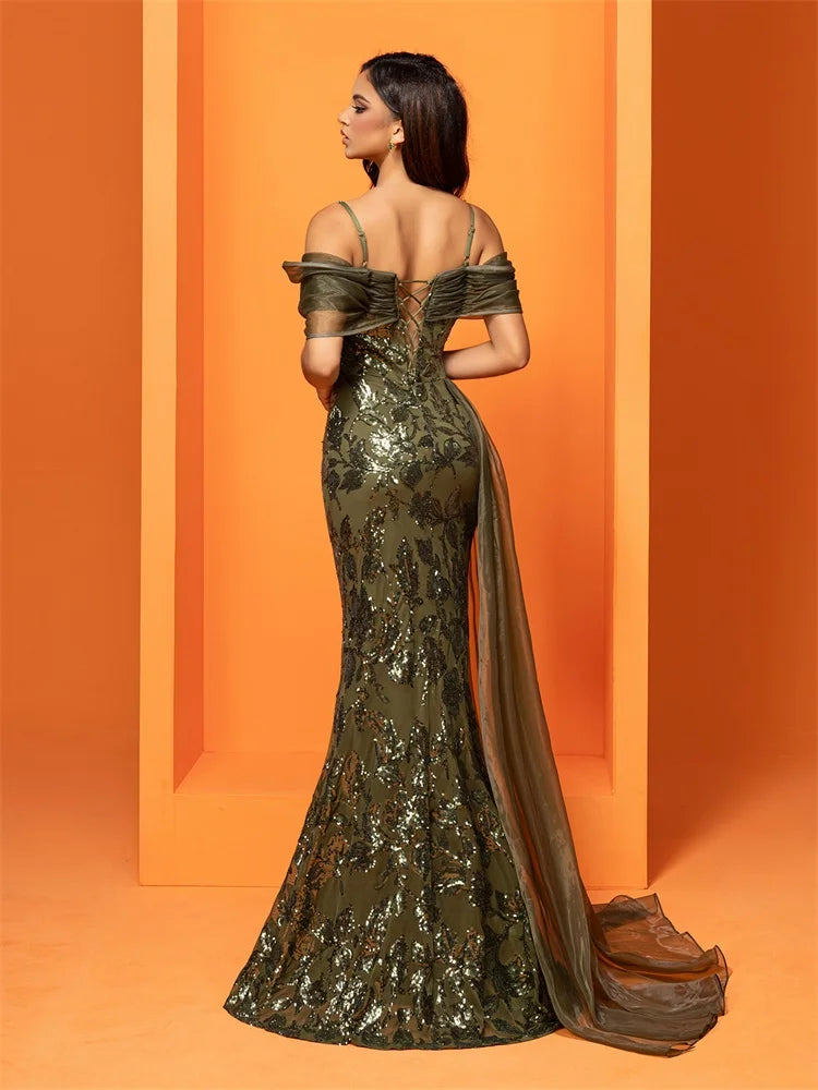 Robe Longue Luxe Femme Épaule Dénudée Sequins Soirée Mariage Gala Cocktail Élégante