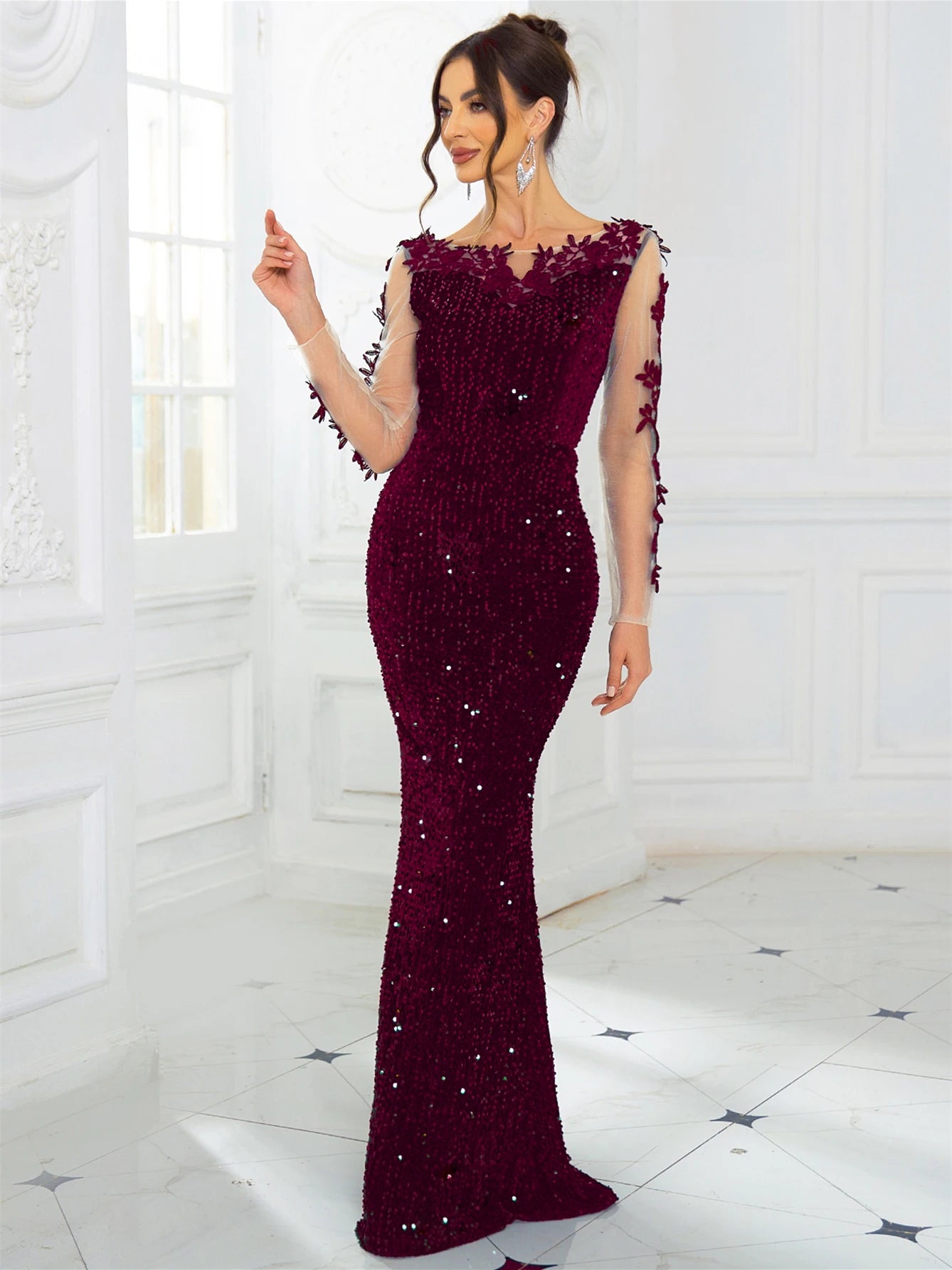 Robe Longue Soirée Élégante Dentelle Sequins Velours Dos Nu Manches Longues Mariage Gala