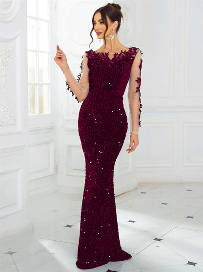 Robe Longue Soirée Élégante Dentelle Sequins Velours Dos Nu Manches Longues Mariage Gala