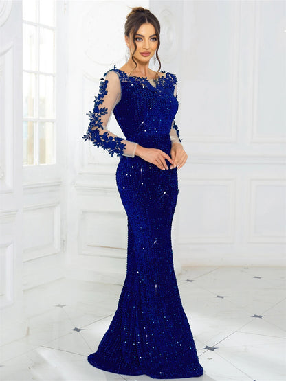 Robe Longue Soirée Élégante Dentelle Sequins Velours Dos Nu Manches Longues Mariage Gala