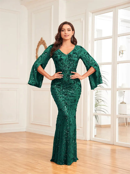 Robe Longue Luxe Champagne Femme 2024 Manches Longues Sirène Sequins Col V Soirée Mariage Gala