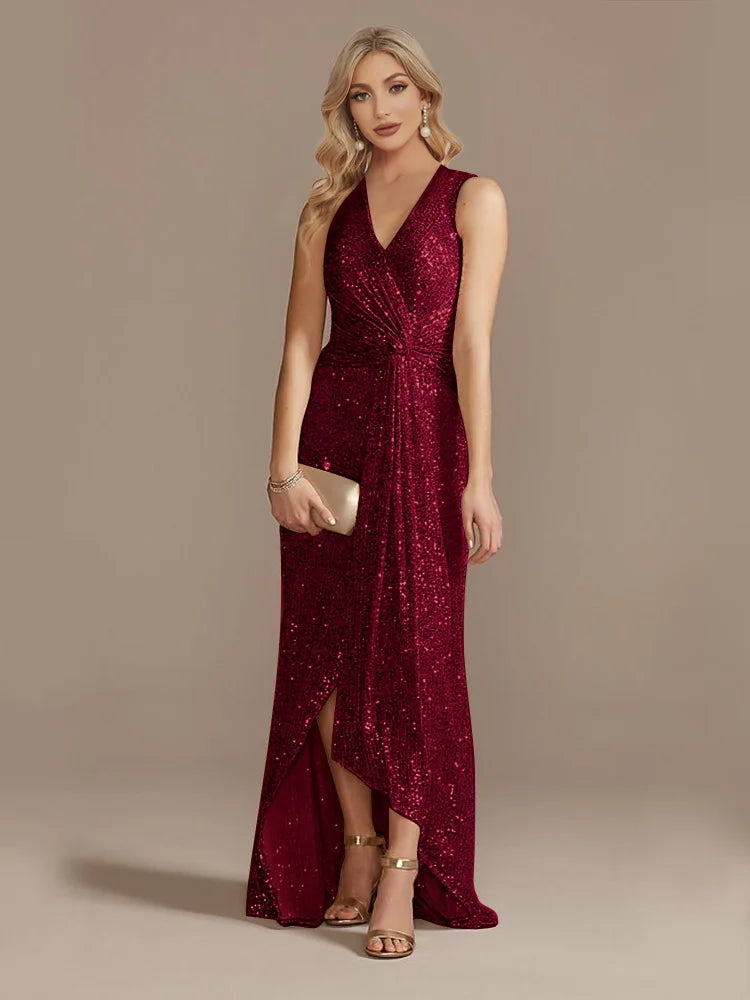 Robe longue luxe femme col V fendue soirée mariage sequins élégante cocktail gala 2024