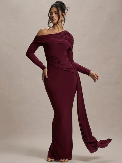 Robe Longue Femme Col Asymétrique Manches Longues Dos Nu Drapée Moulante Élégante Soirée