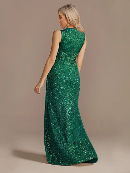 Robe longue luxe femme col V fendue soirée mariage sequins élégante cocktail gala 2024