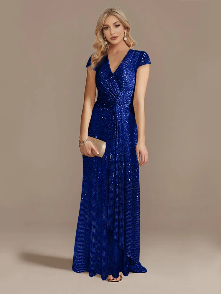 Robe Longue Luxe Bleu Femme 2024 Col V Sequins Élégante Soirée Cocktail Gala