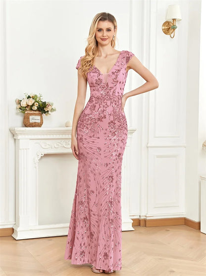 Robe Soirée Élégante Champagne Sequins 2024 Femme Col V Profond Sirène Luxe Mariage Gala