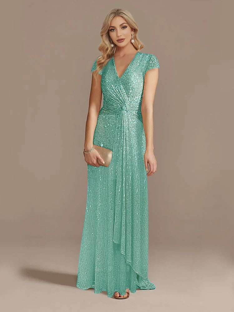 Robe Longue Luxe Bleu Femme 2024 Col V Sequins Élégante Soirée Cocktail Gala