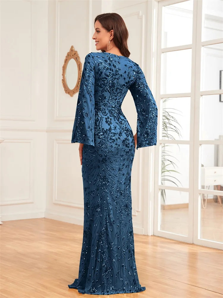 Robe Longue Luxe Champagne Femme 2024 Manches Longues Sirène Sequins Col V Soirée Mariage Gala