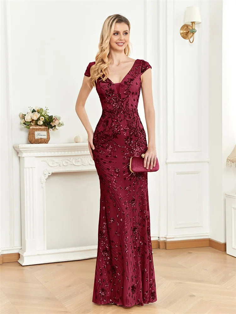 Robe Soirée Élégante Champagne Sequins 2024 Femme Col V Profond Sirène Luxe Mariage Gala