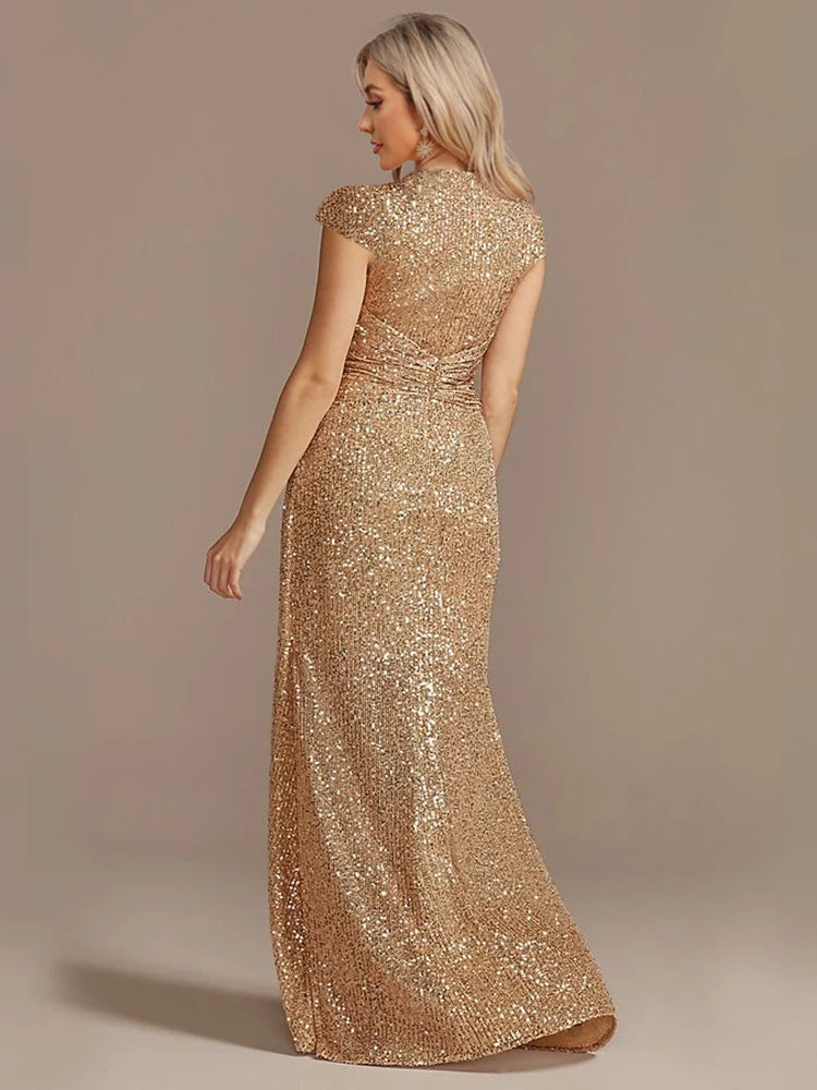 Robe Longue Luxe Bleu Femme 2024 Col V Sequins Élégante Soirée Cocktail Gala