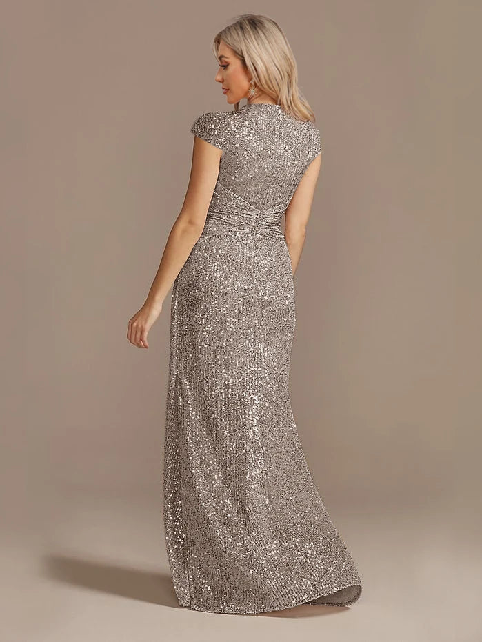 Robe Longue Luxe Bleu Femme 2024 Col V Sequins Élégante Soirée Cocktail Gala