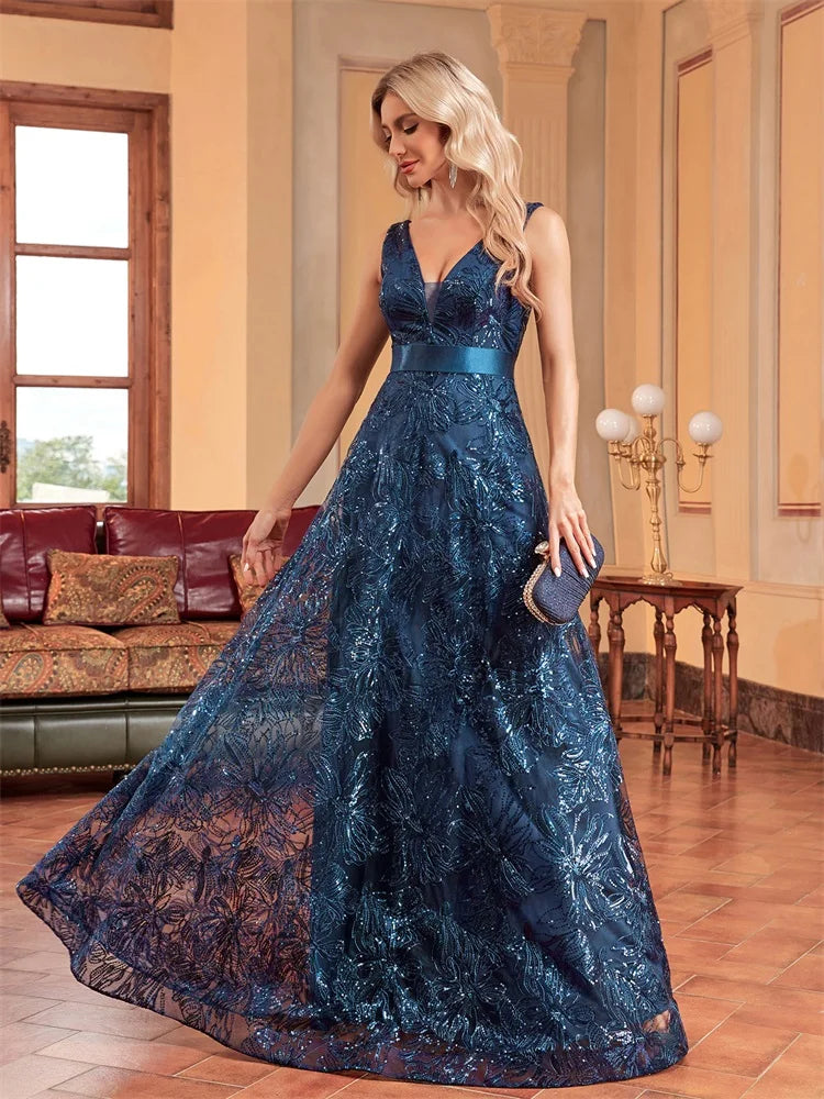 Robe Longue Luxe Femme Bleu Sexy Col V Profond Sequins Dos V Élégante Soirée Mariage Cocktail Gala