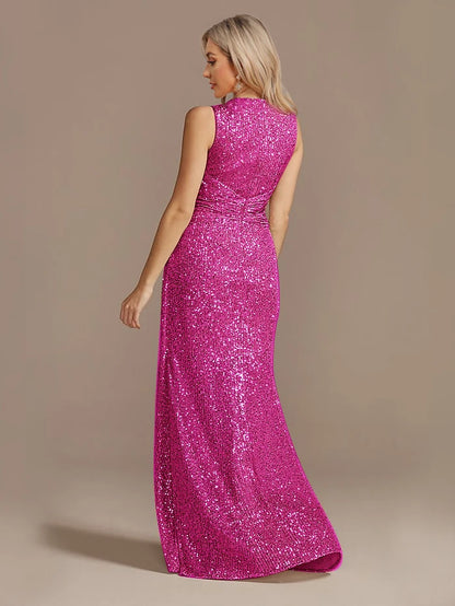 Robe longue luxe femme col V fendue soirée mariage sequins élégante cocktail gala 2024