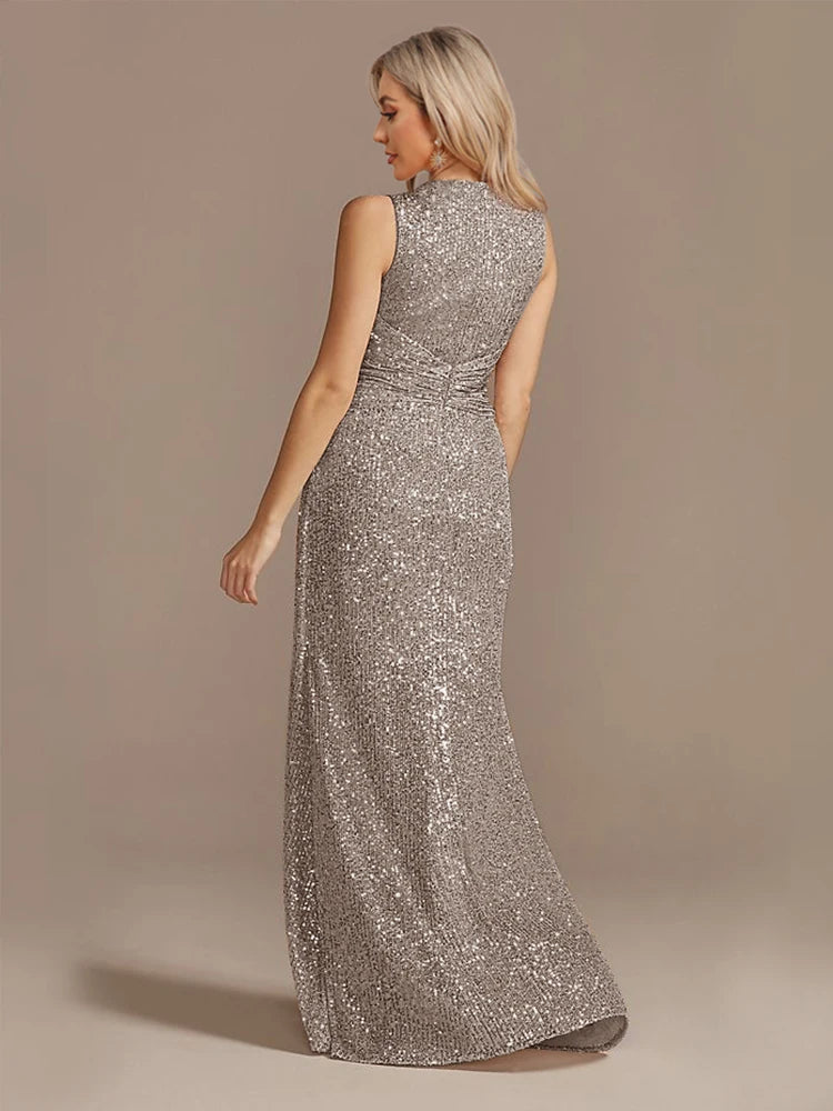 Robe longue luxe femme col V fendue soirée mariage sequins élégante cocktail gala 2024