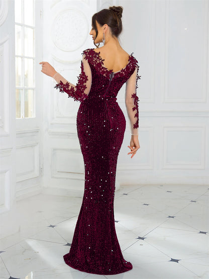 Robe Longue Soirée Élégante Dentelle Sequins Velours Dos Nu Manches Longues Mariage Gala