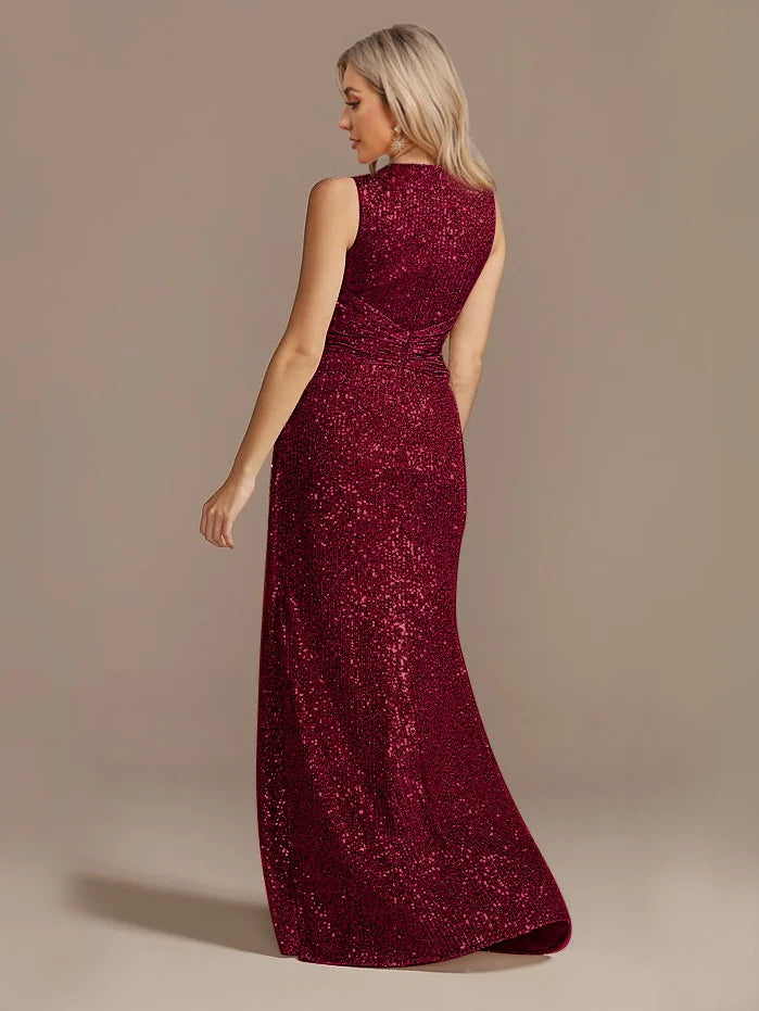 Robe longue luxe femme col V fendue soirée mariage sequins élégante cocktail gala 2024