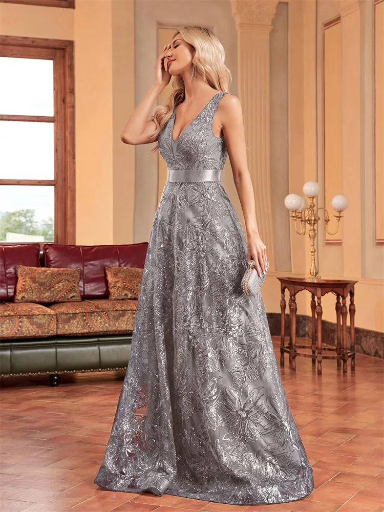 Robe Longue Luxe Femme Bleu Sexy Col V Profond Sequins Dos V Élégante Soirée Mariage Cocktail Gala