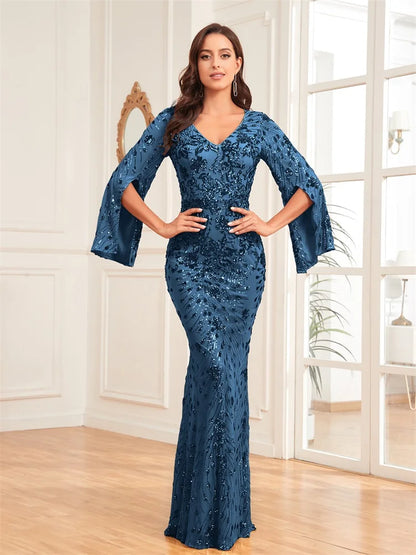 Robe Longue Luxe Champagne Femme 2024 Manches Longues Sirène Sequins Col V Soirée Mariage Gala