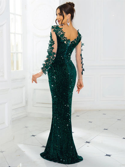 Robe Longue Soirée Élégante Dentelle Sequins Velours Dos Nu Manches Longues Mariage Gala