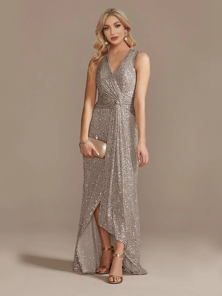 Robe longue luxe femme col V fendue soirée mariage sequins élégante cocktail gala 2024