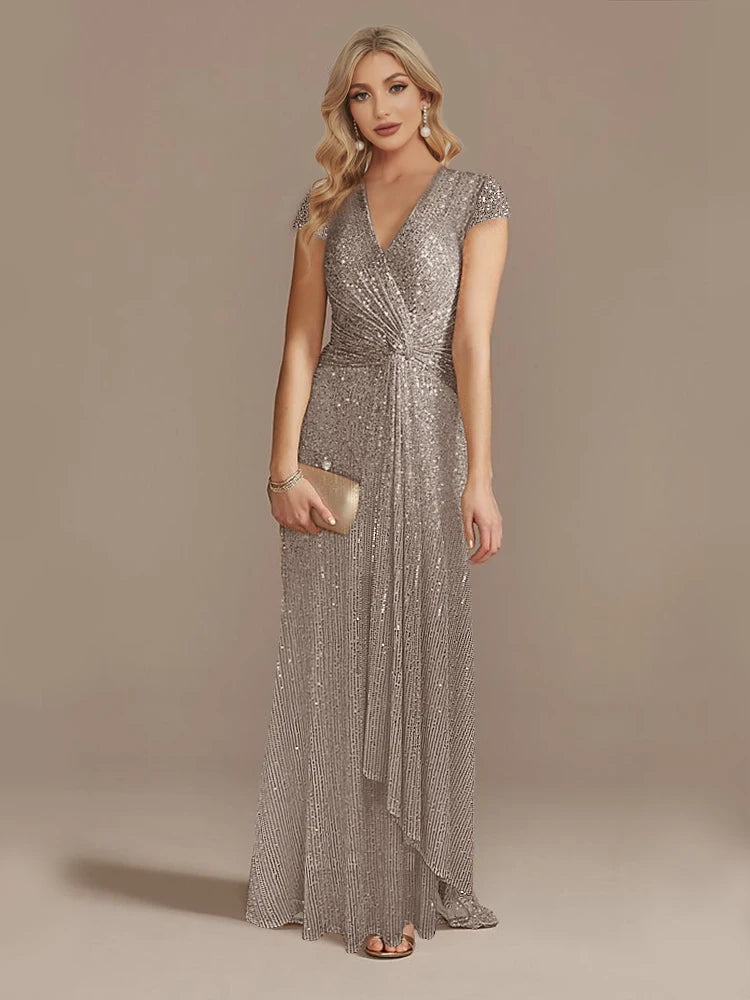 Robe Longue Luxe Bleu Femme 2024 Col V Sequins Élégante Soirée Cocktail Gala