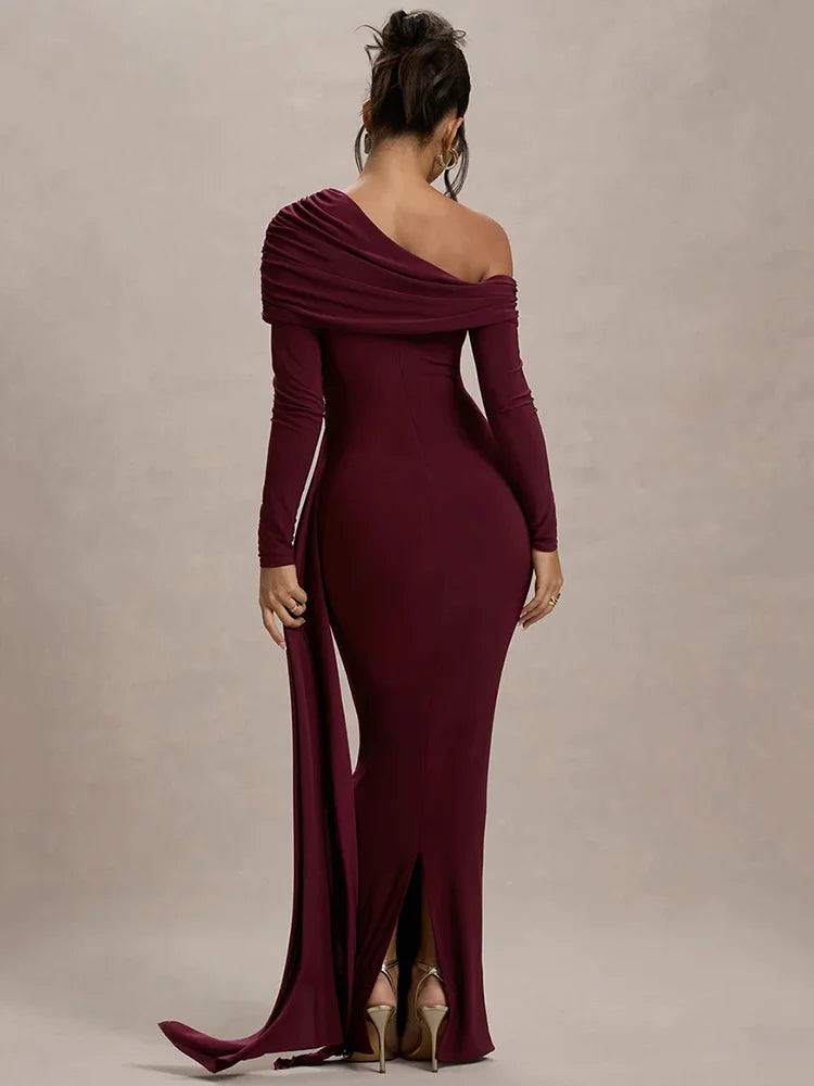 Robe Longue Femme Col Asymétrique Manches Longues Dos Nu Drapée Moulante Élégante Soirée