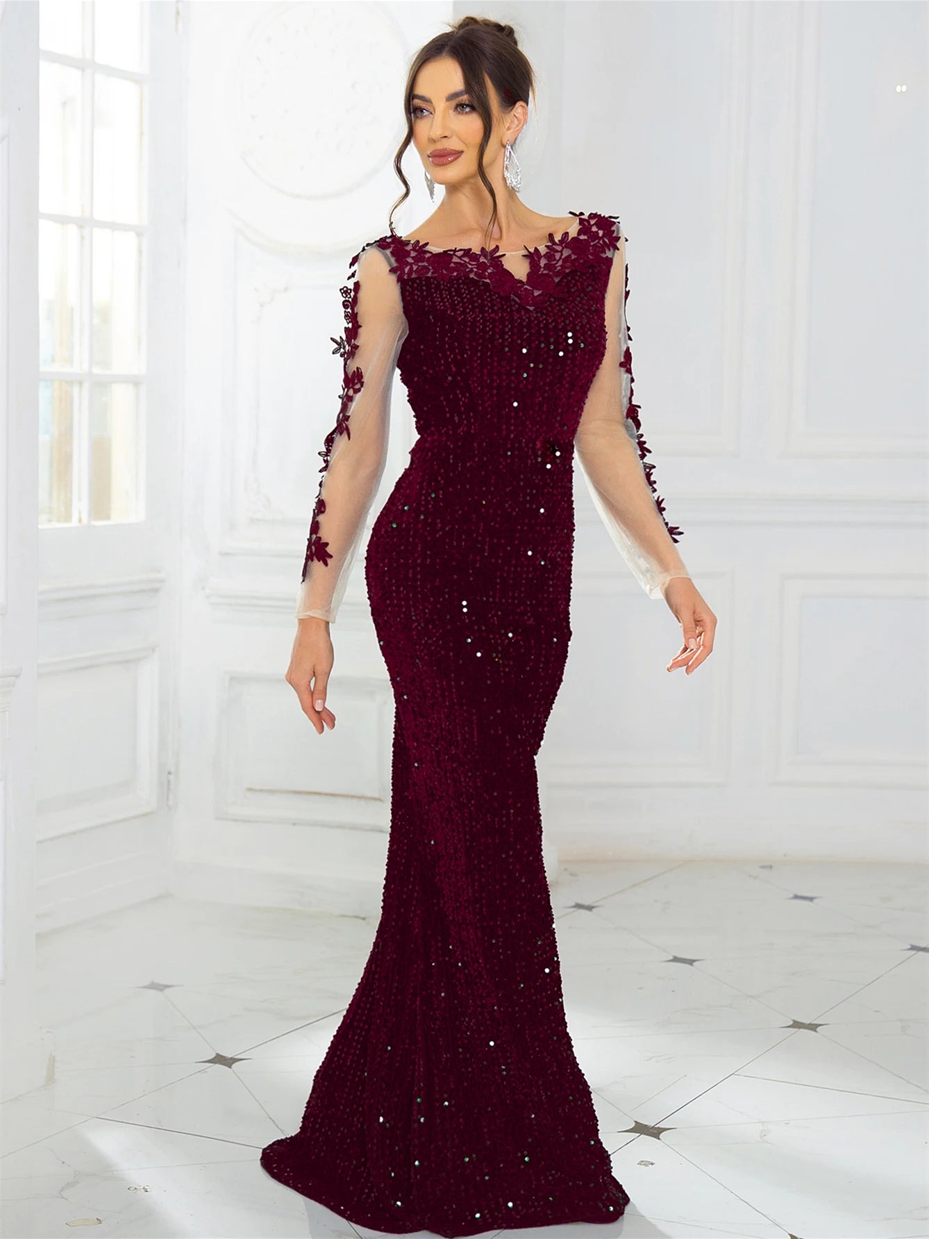 Robe Longue Soirée Élégante Dentelle Sequins Velours Dos Nu Manches Longues Mariage Gala