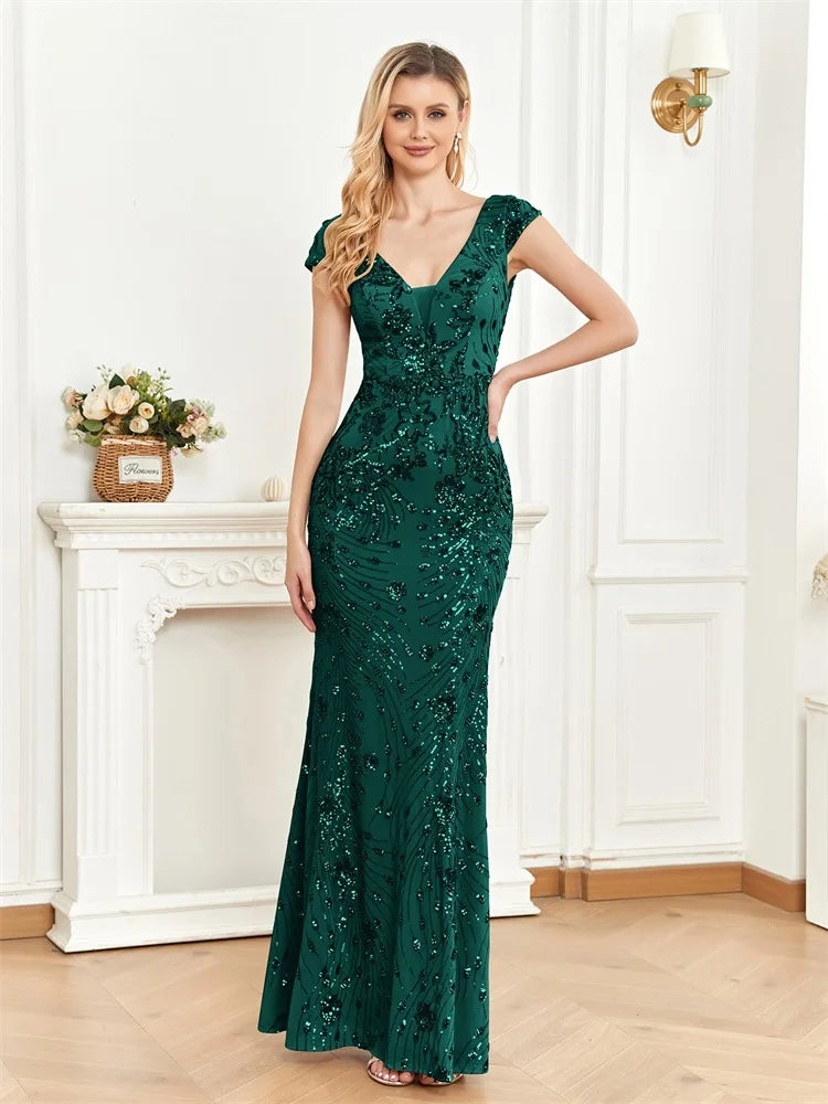 Robe Soirée Élégante Champagne Sequins 2024 Femme Col V Profond Sirène Luxe Mariage Gala