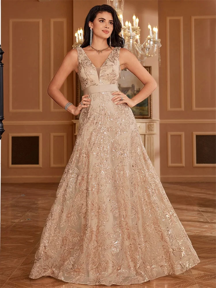 Robe Longue Luxe Femme Bleu Sexy Col V Profond Sequins Dos V Élégante Soirée Mariage Cocktail Gala