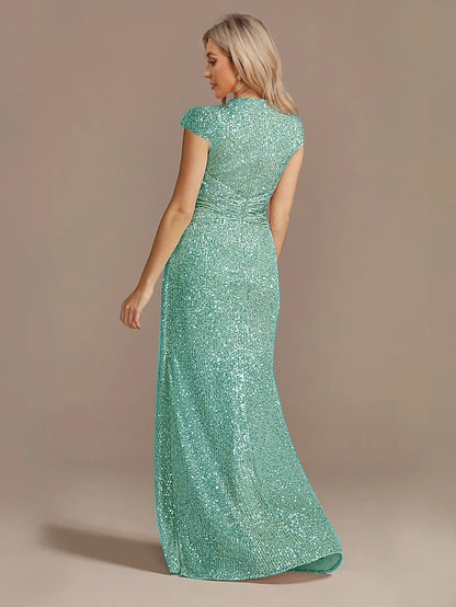 Robe Longue Luxe Bleu Femme 2024 Col V Sequins Élégante Soirée Cocktail Gala