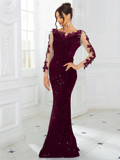 Robe Longue Soirée Élégante Dentelle Sequins Velours Dos Nu Manches Longues Mariage Gala