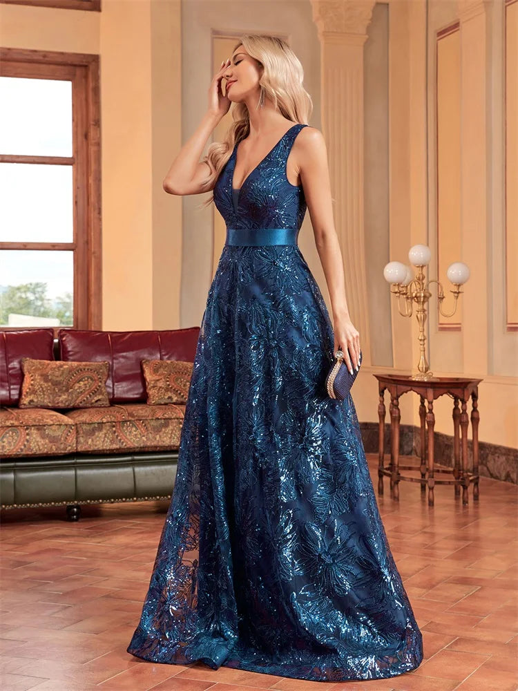 Robe Longue Luxe Femme Bleu Sexy Col V Profond Sequins Dos V Élégante Soirée Mariage Cocktail Gala