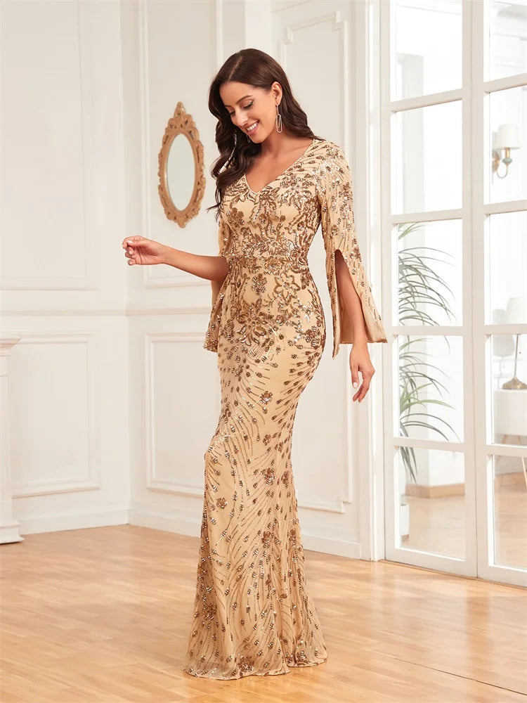 Robe Longue Luxe Champagne Femme 2024 Manches Longues Sirène Sequins Col V Soirée Mariage Gala