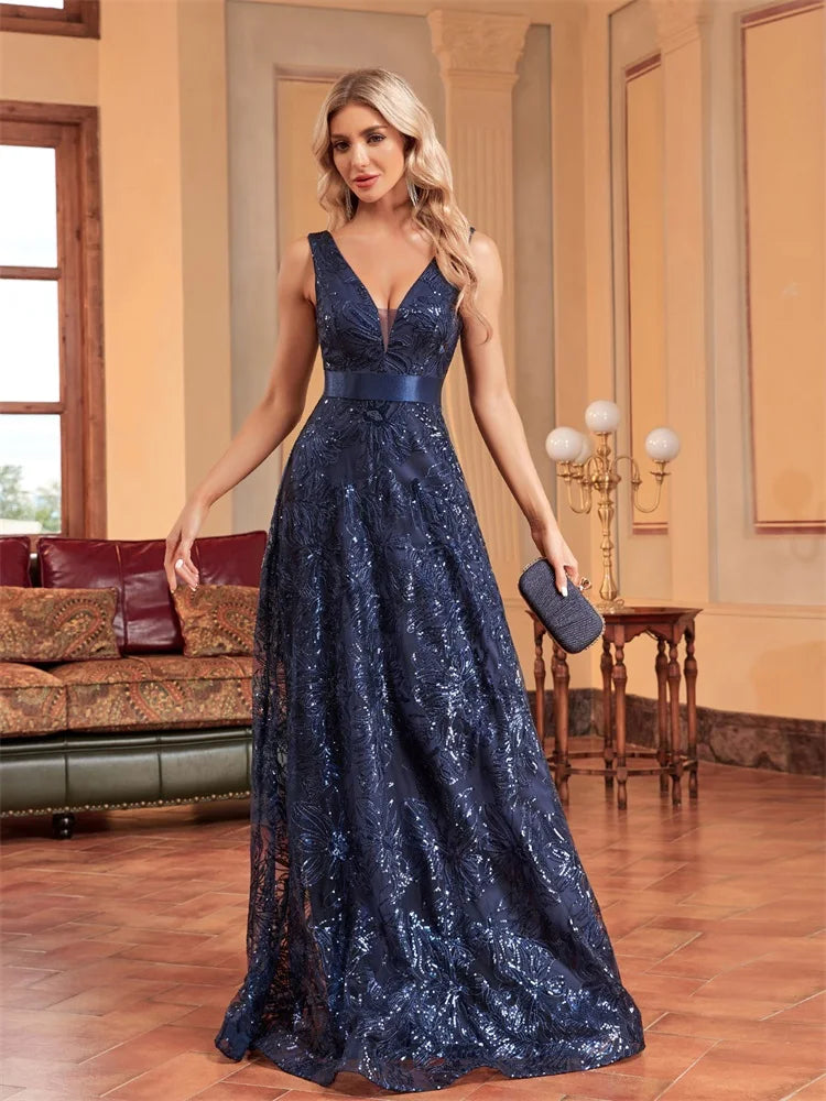 Robe Longue Luxe Femme Bleu Sexy Col V Profond Sequins Dos V Élégante Soirée Mariage Cocktail Gala