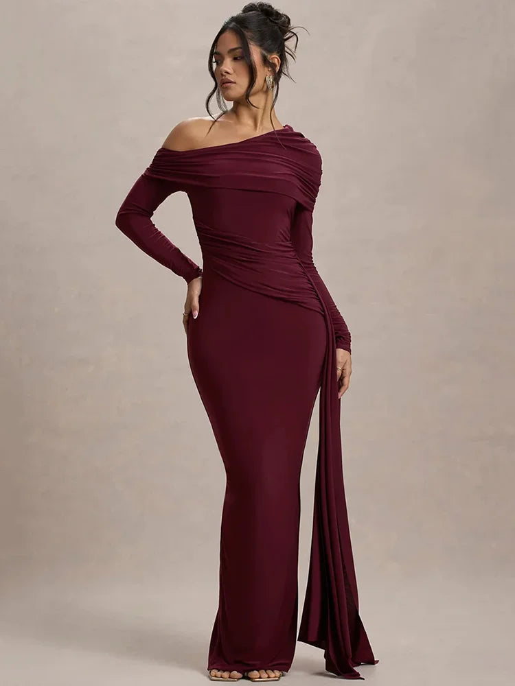 Robe Longue Femme Col Asymétrique Manches Longues Dos Nu Drapée Moulante Élégante Soirée