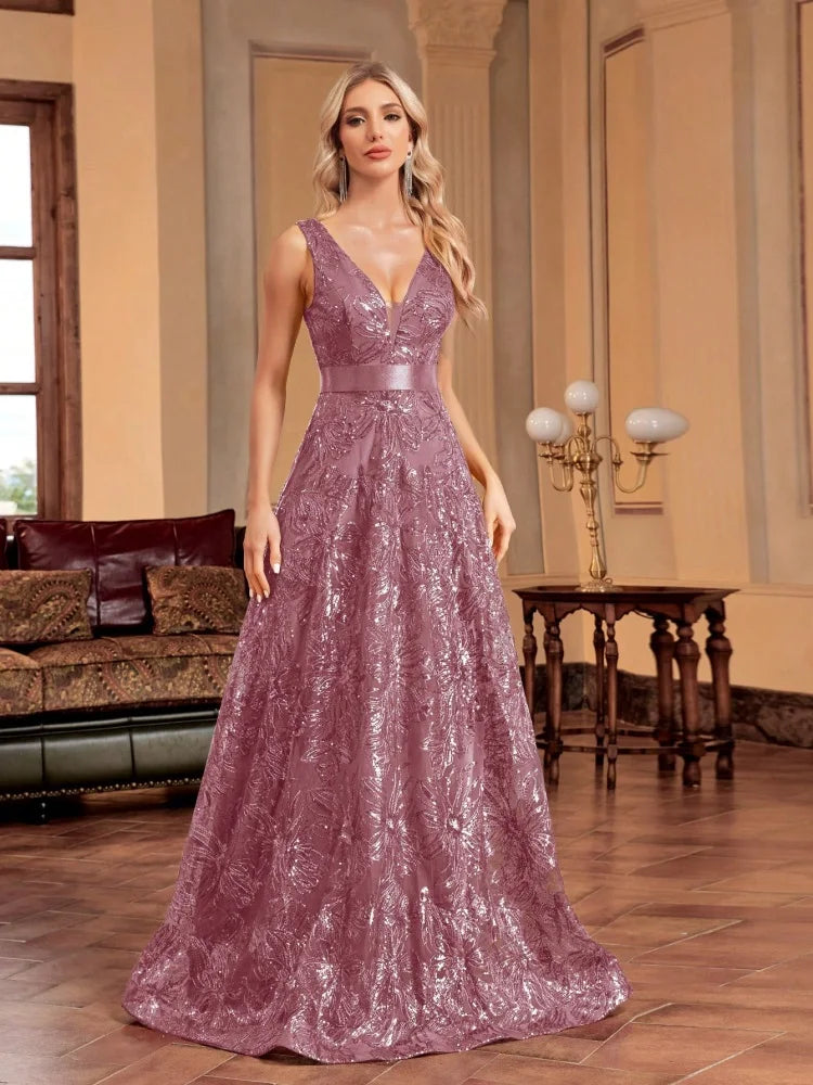 Robe Longue Luxe Femme Bleu Sexy Col V Profond Sequins Dos V Élégante Soirée Mariage Cocktail Gala