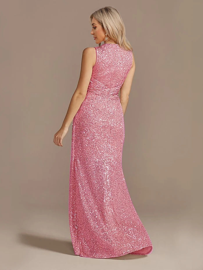 Robe longue luxe femme col V fendue soirée mariage sequins élégante cocktail gala 2024