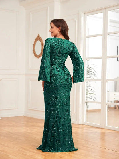 Robe Longue Luxe Champagne Femme 2024 Manches Longues Sirène Sequins Col V Soirée Mariage Gala