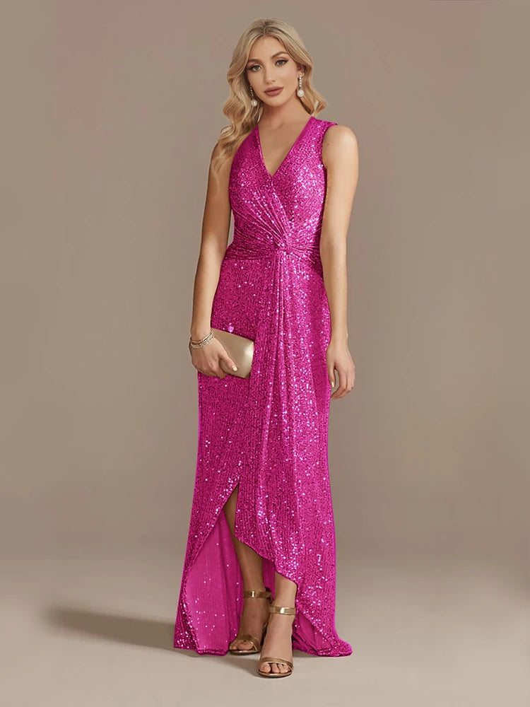 Robe longue luxe femme col V fendue soirée mariage sequins élégante cocktail gala 2024