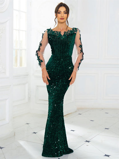 Robe Longue Soirée Élégante Dentelle Sequins Velours Dos Nu Manches Longues Mariage Gala