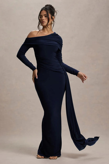 Robe Longue Femme Col Asymétrique Manches Longues Dos Nu Drapée Moulante Élégante Soirée